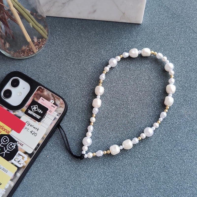 WCCH Beaded Phone Charm Y2K Kawaii Handmade Acrylic Phone Lanyard Wrist Strap for Camera Bag Airpods Keychain Charm Gold and White Pearls - Image 4