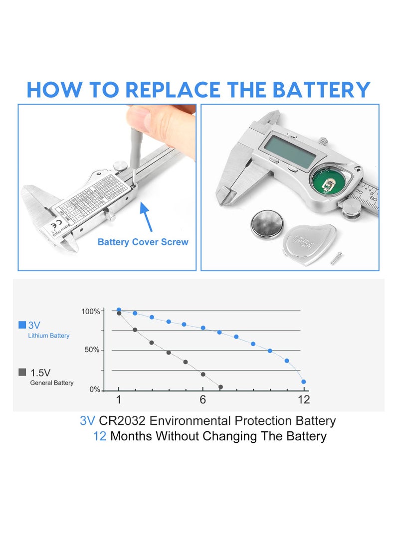 SYOSI Digital Caliper Calipers 6 Inch Measuring Tool with Stainless Steel IP54 Splash Proof Protection Design Easy Switch from Inch to Millimeter Large Screen - Image 5