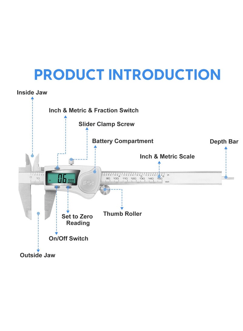 SYOSI Digital Caliper Calipers 6 Inch Measuring Tool with Stainless Steel IP54 Splash Proof Protection Design Easy Switch from Inch to Millimeter Large Screen - Image 4