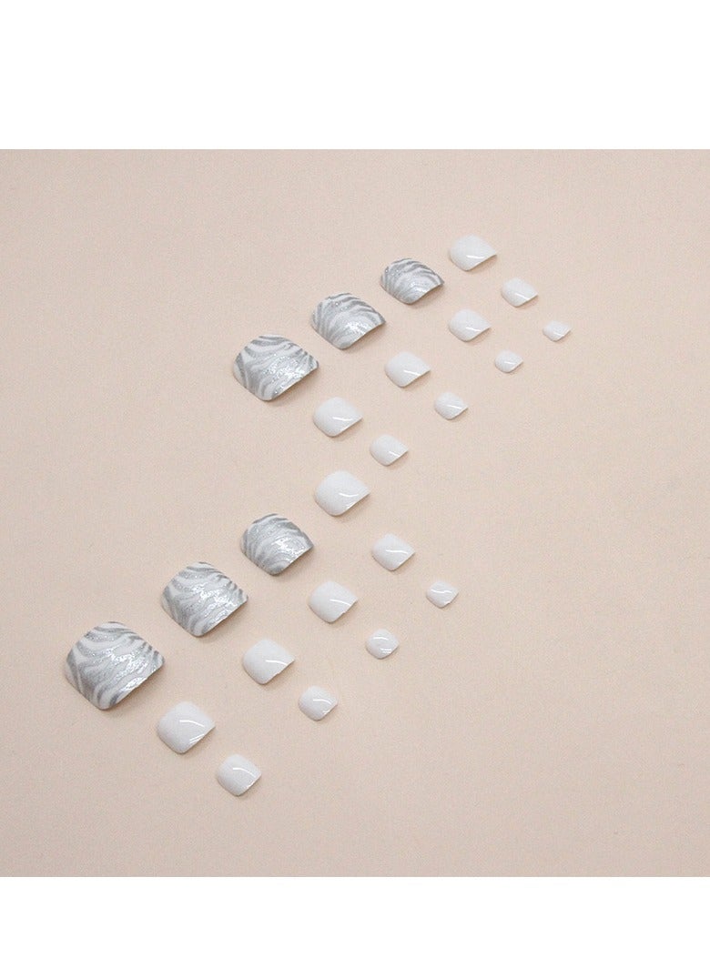 24 Pcs White Zebra Print Press-on Toenails for Women and Girls, Glossy Stick-on False Toenails in Animal Pattern, Easy to Apply and Long-Lasting Pedicure Set - Image 2