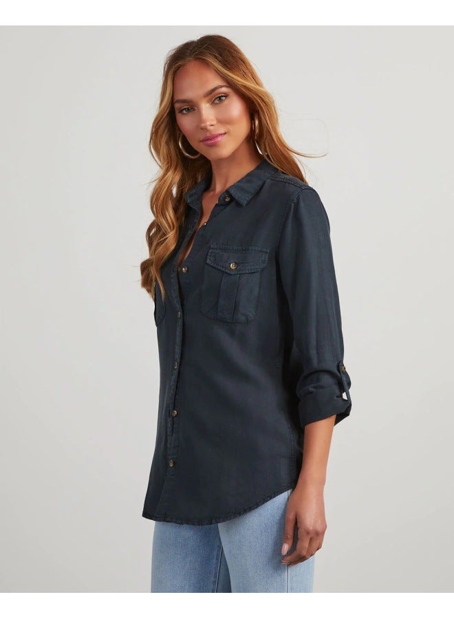 Women's Notched Lapel Denim Shirt – Long Sleeves, Single-Breasted