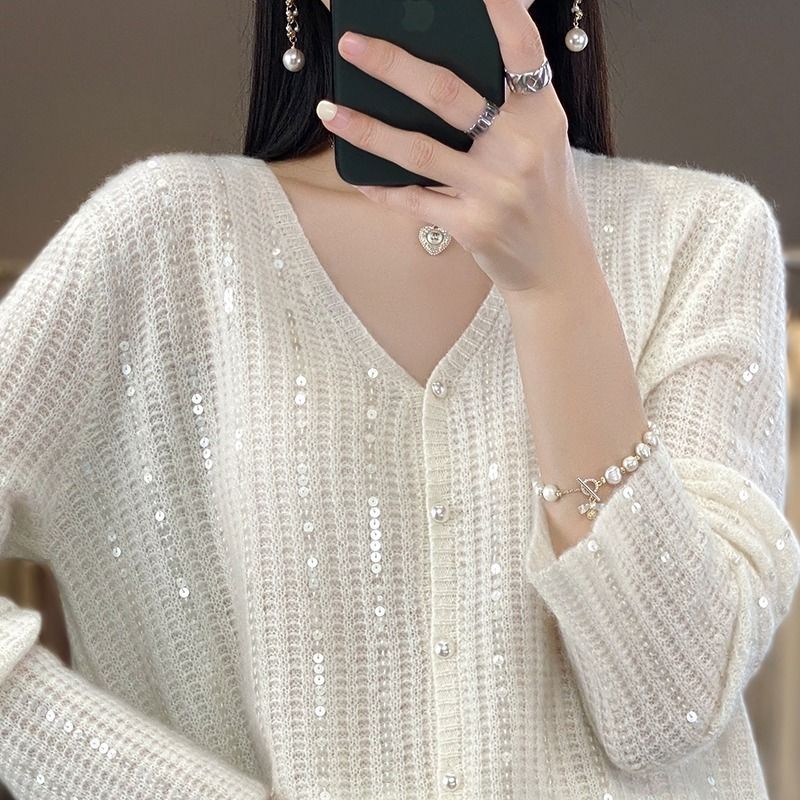 V-Neck Pearl Button Wool Cardigan with Sequins for Women Pink  - Image 2