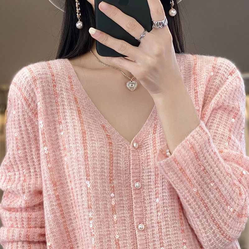 V-Neck Pearl Button Wool Cardigan with Sequins for Women Pink  - Image 1