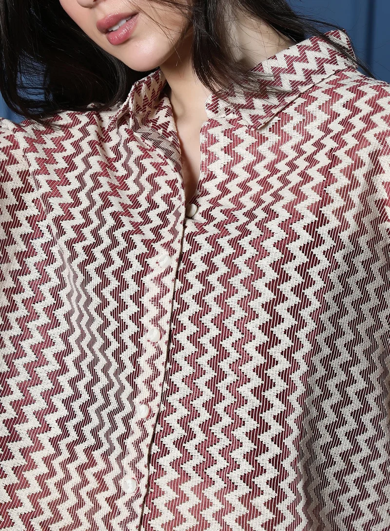 Pinacolada  Women's Wine Red Chevron-Crochet Oversized Shirt for Women | Best Price UAE