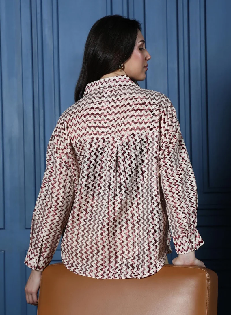 Pinacolada  Women's Wine Red Chevron-Crochet Oversized Shirt for Women | Best Price UAE