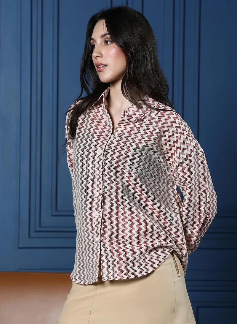 Pinacolada  Women's Wine Red Chevron-Crochet Oversized Shirt for Women | Best Price UAE