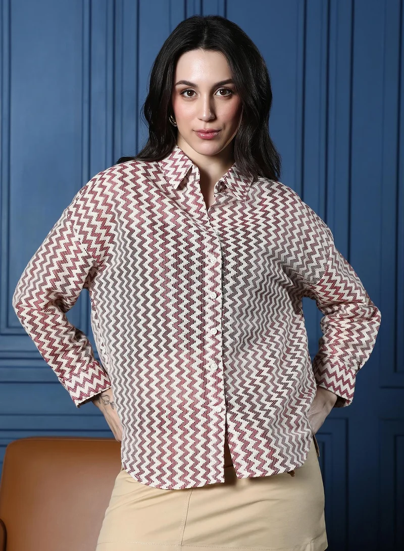 PINACOLADA Women's Wine Red Chevron-Crochet Oversized Shirt