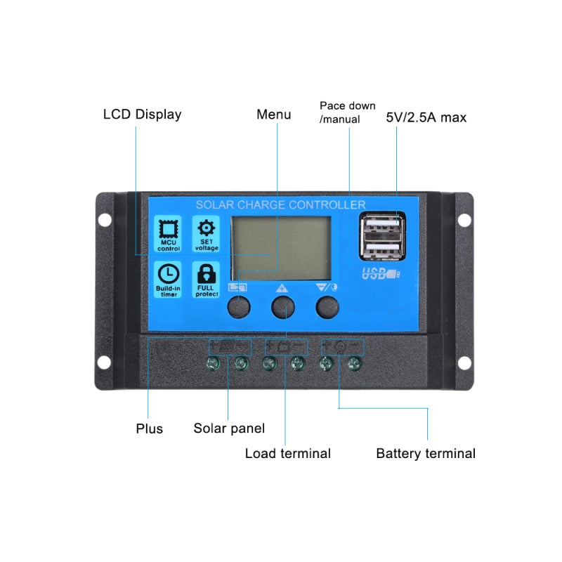 Solar Charge Controller: 50A Blue - Dual 5V/2.5A USB Output Multi-Protection Lead-Acid Battery Charger for Home Industrial Commercial Use - Image 4
