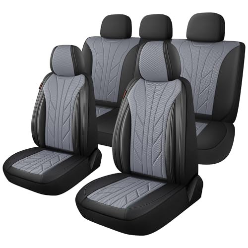 CAROMOP Luxury Faux Leather&Fabric Car Seat Covers Full Set with Breathable 3D Foam Back Support,Universal Comfortable Seat Covers for Cars,Trucks,SUVs, Front Armrests Compatible(5-Seat Black/Grey) - Image 1