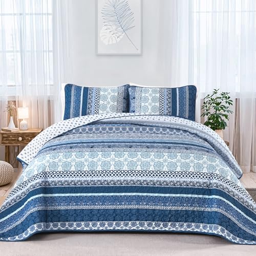 WONGS BEDDING Boho Quilt Set Full Size Navy Blue Bohemian 3 Pieces Quilt Sets Lightweight Microfiber Bedspread Coverlet Bedding Set for All Season 78x90 - Image 1