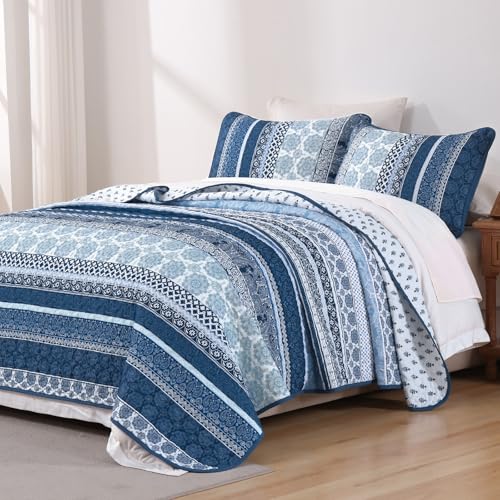WONGS BEDDING Boho Quilt Set Full Size Navy Blue Bohemian 3 Pieces Quilt Sets Lightweight Microfiber Bedspread Coverlet Bedding Set for All Season 78x90 - Image 3