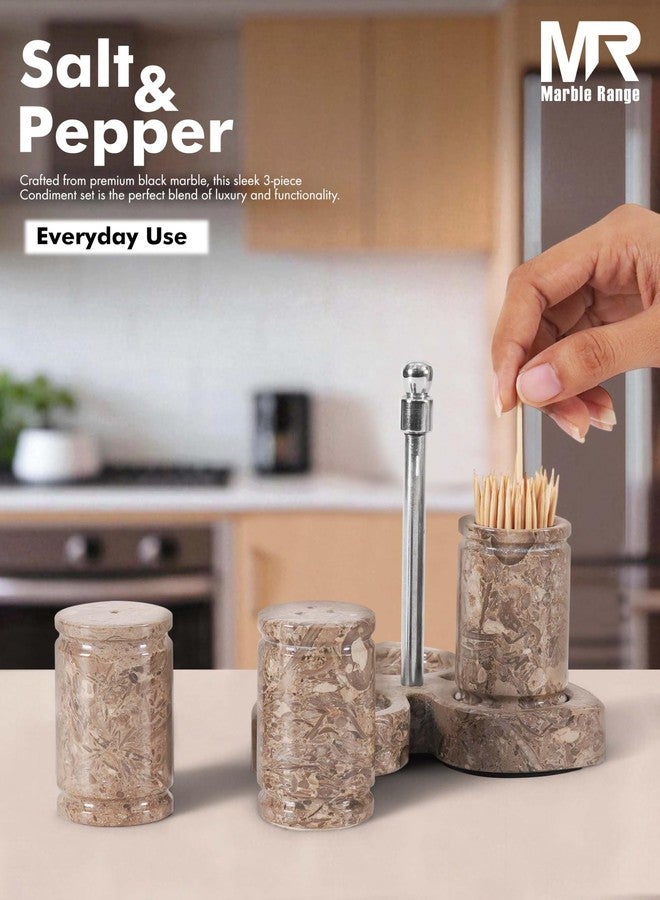 MARBLE RANGE Marble Salt and Pepper Shakers Set of 3 Handmade Oceanic Stone Spice Shakers 0.8 oz with Tray & Toothpick Holder | Elegant Kitchen Countertop Set for Dining Table | Saleros Decorativos - Image 3