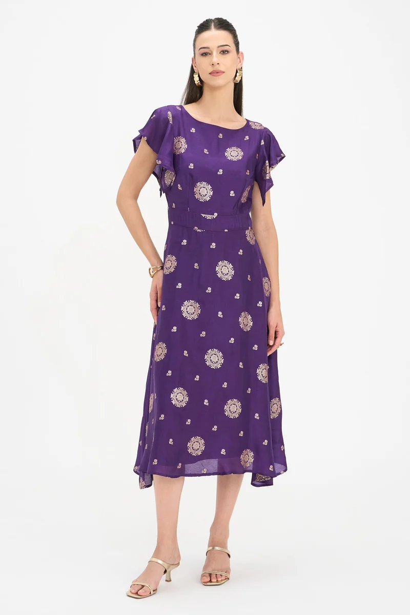 Virgio Ethnic Motifs Viscose Ruffled Sleeve Midi Dress for Women