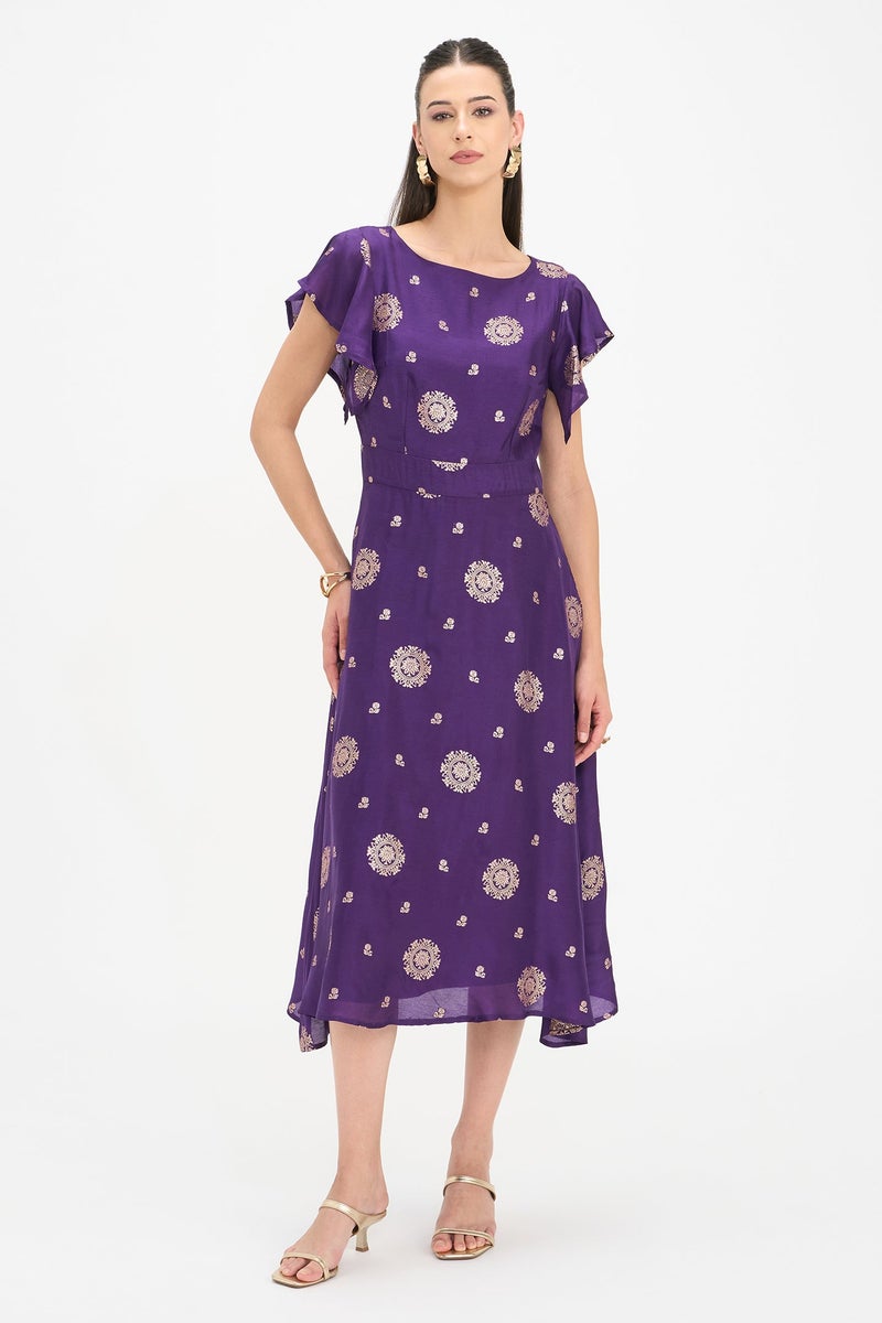 Virgio Ethnic Motifs Viscose Ruffled Sleeve Midi Dress for Women - Image 1