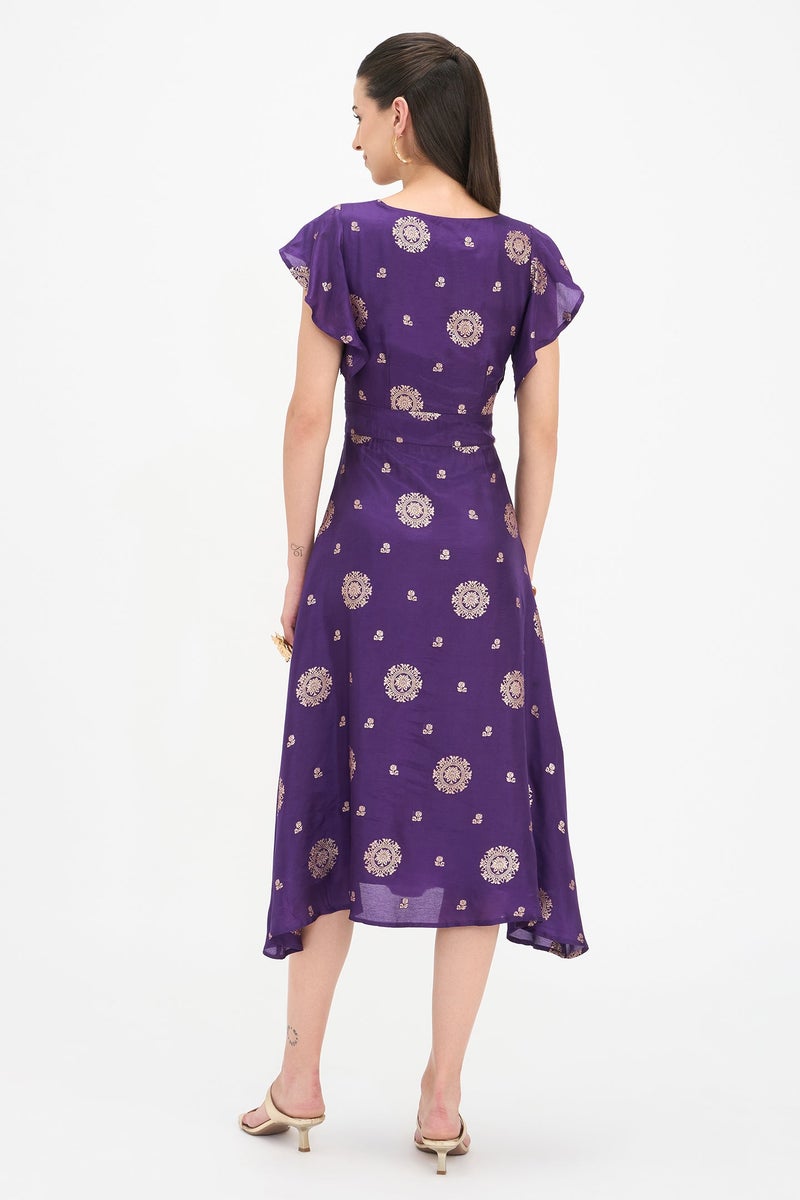 Virgio Ethnic Motifs Viscose Ruffled Sleeve Midi Dress for Women - Image 3