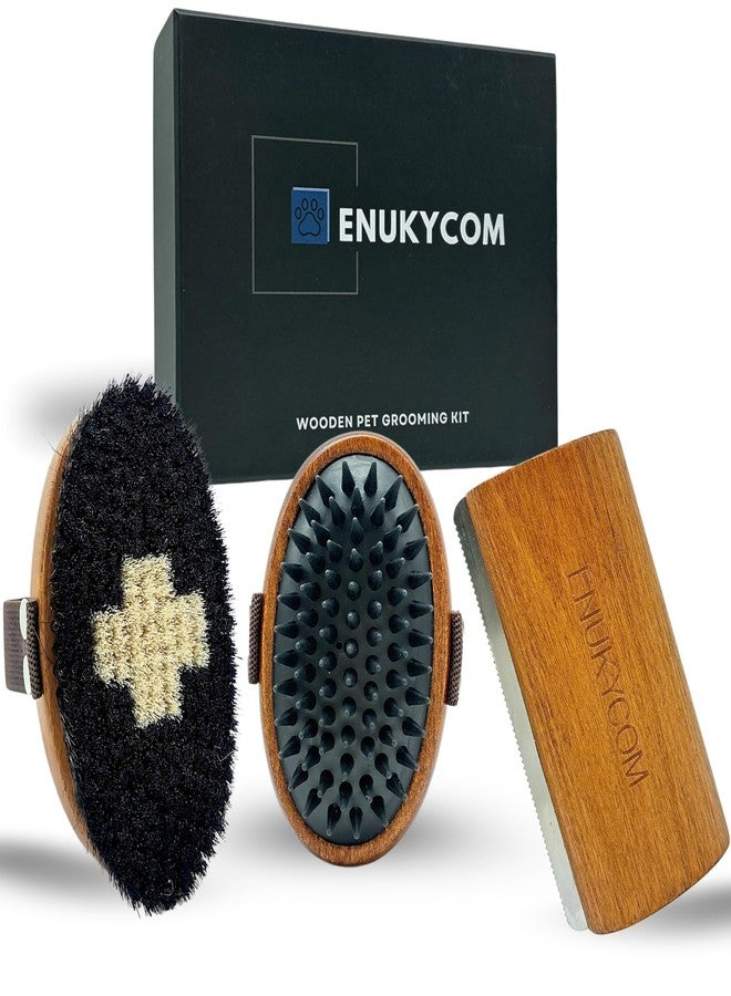 ENUKYCOM Wooden Pet Grooming Kit for Short-Haired & Double-Coated Dogs Cats Horses- Includes Bristle Brush, Massage Brushes & Deshedding Tools -Dog Brush for Shedding - Best Deshedding Comb - Idea Gift - Image 1