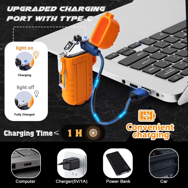 LCFUN Arc Plasma Waterproof Lighter Electric Windproof Lighter USB Type C Rechargeable Flameless Cool Lighters with Flashlight for Camping, Survival,Outdoor Adventure, Tactical (Orange) - Image 3