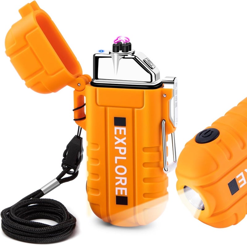 LCFUN Arc Plasma Waterproof Lighter Electric Windproof Lighter USB Type C Rechargeable Flameless Cool Lighters with Flashlight for Camping, Survival,Outdoor Adventure, Tactical (Orange) - Image 1