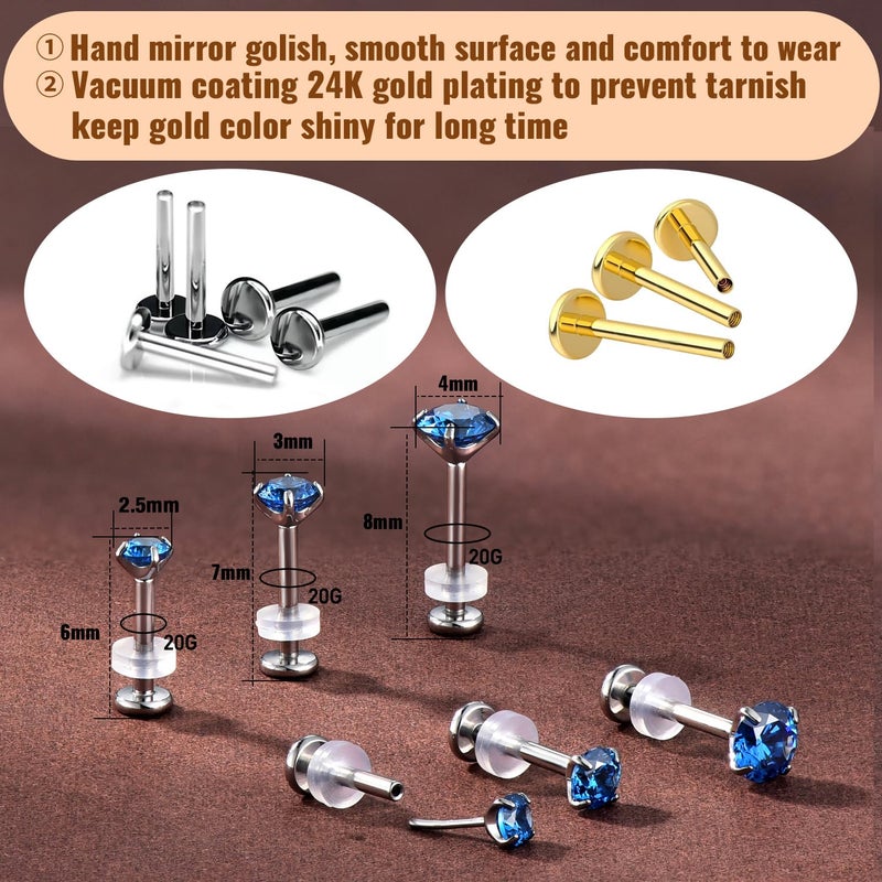KaseStyle 20G Flat Back Earrings Studs 18G Nose Rings 24K Gold Plating Titanium Threadless 16G Cartilage Earrings for Women Men Tragus Conch Helix Medusa Lip Piercing Jewelry (polish dark blue cz, 20G) - Image 4