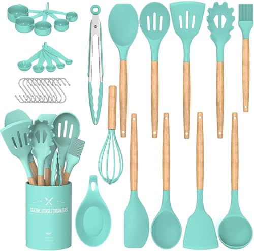 Umite Chef Kitchen Cooking Utensils Set, 24 pcs Non-stick Silicone Cooking Kitchen Utensils Spatula Set with Holder, Wooden Handle Heat Resistant Silicone Kitchen Gadgets Utensil Set (Green) - Image 1