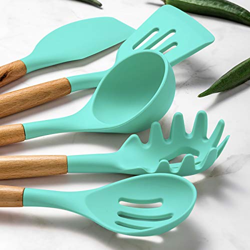 Umite Chef Kitchen Cooking Utensils Set, 24 pcs Non-stick Silicone Cooking Kitchen Utensils Spatula Set with Holder, Wooden Handle Heat Resistant Silicone Kitchen Gadgets Utensil Set (Green) - Image 3