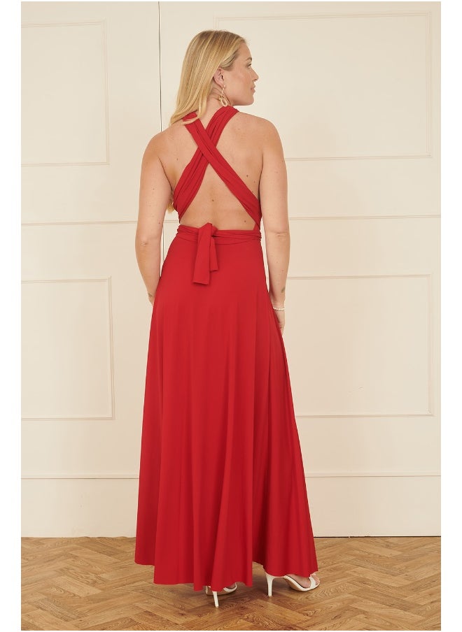 Yumi Crimson Faux-Wrap Dress  - Image 4