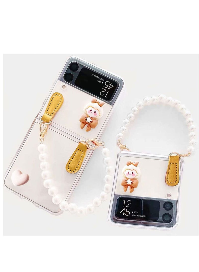 Excefore Case Designed for Galaxy Z Flip 3 5G,Clear Protective Cover with Pearl Chain,Shockproof Smartphone Protector Protective Slim Durable Phone Case Compatible with Galaxy Z Flip3, White - Image 1