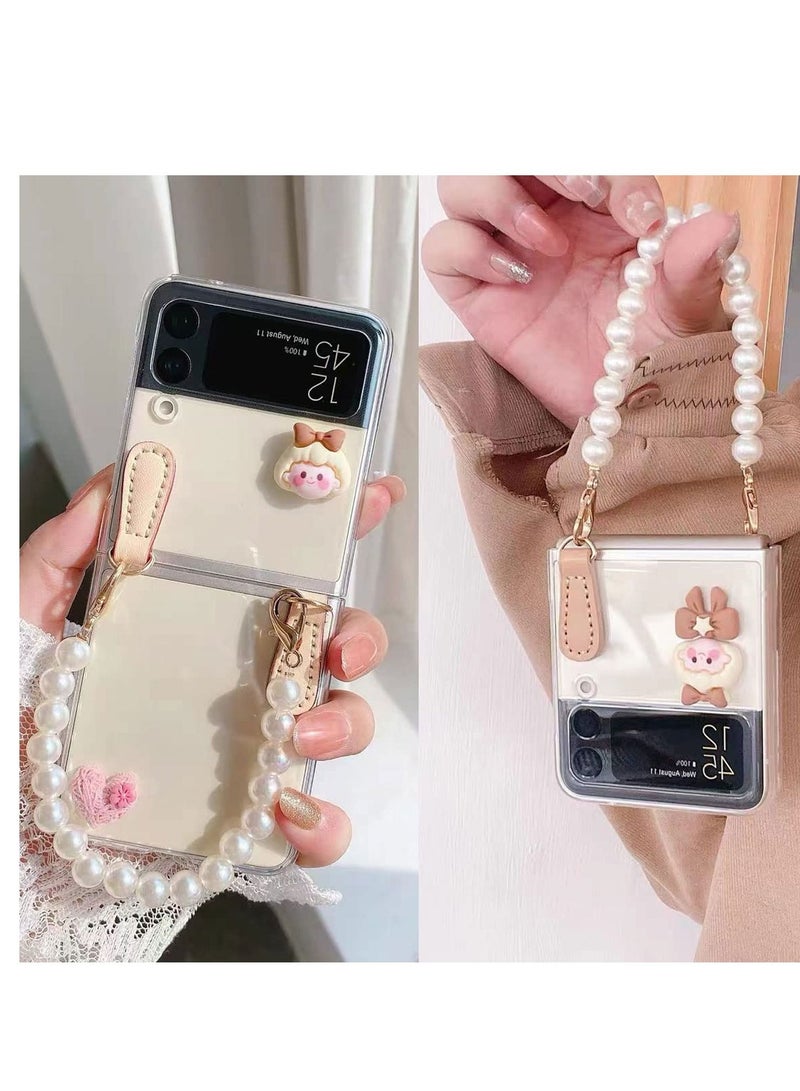 Excefore Case Designed for Galaxy Z Flip 3 5G,Clear Protective Cover with Pearl Chain,Shockproof Smartphone Protector Protective Slim Durable Phone Case Compatible with Galaxy Z Flip3, White - Image 4