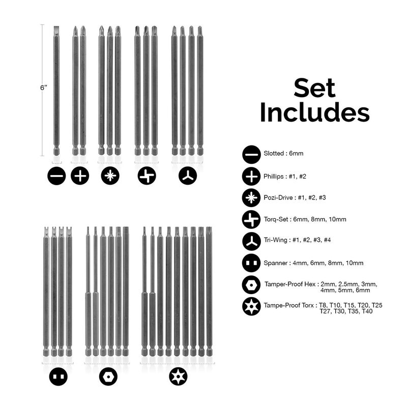 NEIKO 10224A 1/4" Extra Long Security Bit Set, 32 Piece Screwdriver Bit For Drill, S2 Steel 6” Long Torx Bit Set, Tamper Proof Bit Set, Torx, PoziDriv, Spanner, Tri-Wing, Security Power Bit - Image 5