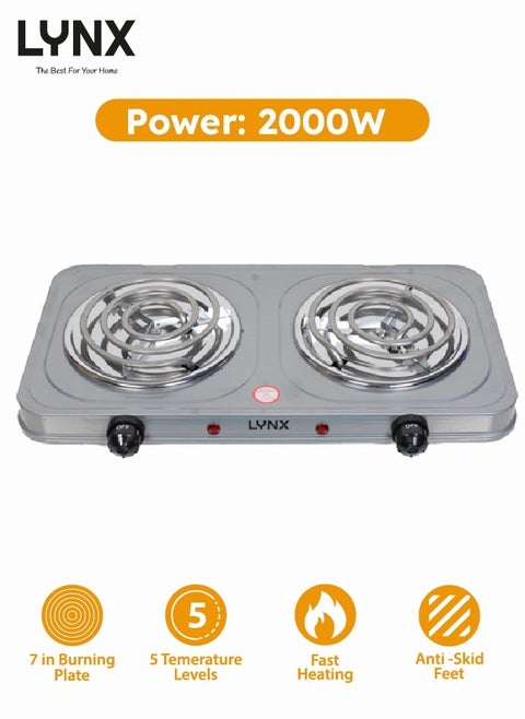 LYNX Countertop Portable Buffet Burner - Electric Hot Plate with Dual Cooking Plates, 5-Stage Control, Overheat Protection, Easy to Clean, 2000W, Compact Design for Versatile Use - LY-HP-6016
