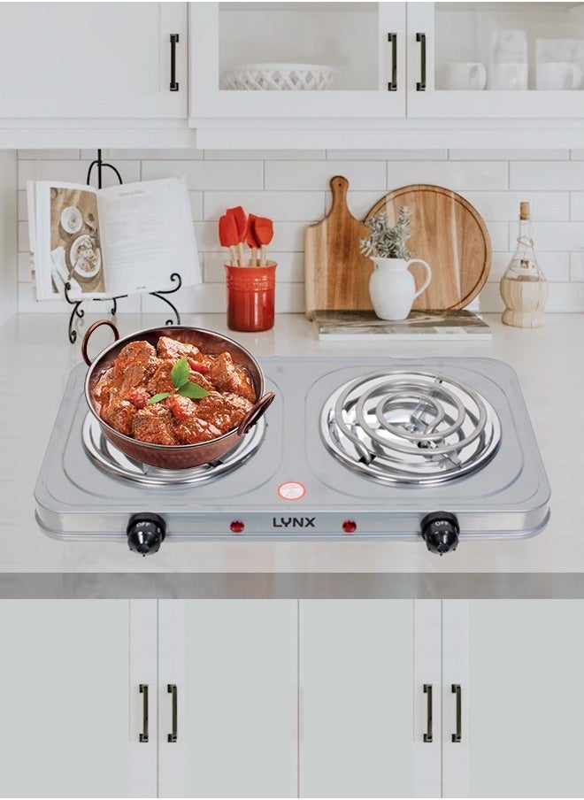 LYNX Countertop Portable Buffet Burner - Electric Hot Plate with Dual Cooking Plates, 5-Stage Control, Overheat Protection, Easy to Clean, 2000W, Compact Design for Versatile Use - LY-HP-6016