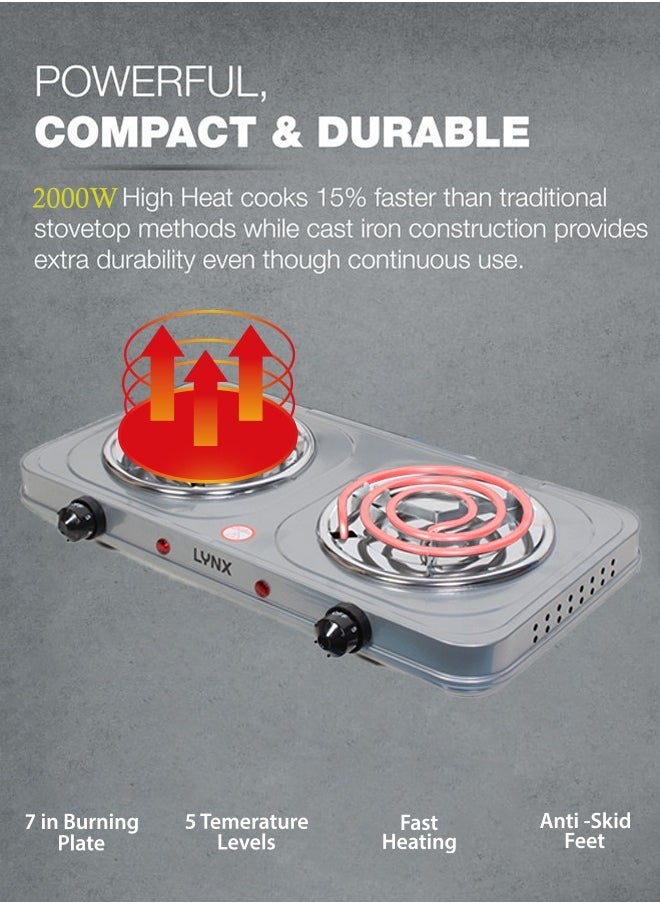 LYNX Countertop Portable Buffet Burner - Electric Hot Plate with Dual Cooking Plates, 5-Stage Control, Overheat Protection, Easy to Clean, 2000W, Compact Design for Versatile Use - LY-HP-6016