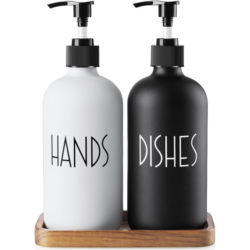 ALELION Glass Dish Soap Dispenser for Kitchen - 16 OZ Hand Soap Dispenser Set with Pump and Acacia Wood Tray - Black White Modern Farmhouse Kitchen Bathroom Decor and Accessories - Image 1