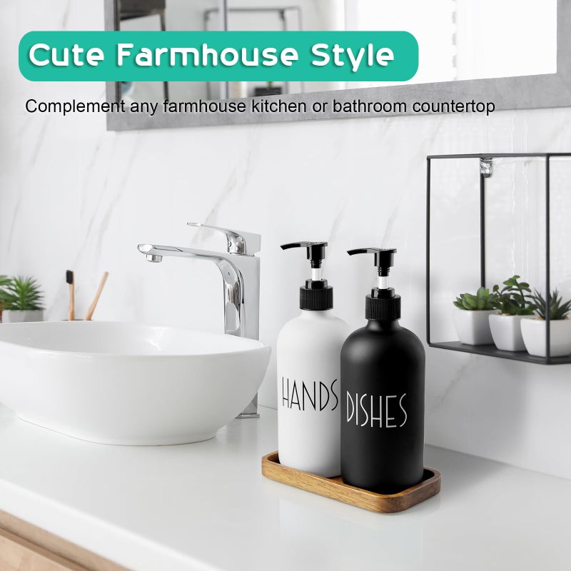 ALELION Glass Dish Soap Dispenser for Kitchen - 16 OZ Hand Soap Dispenser Set with Pump and Acacia Wood Tray - Black White Modern Farmhouse Kitchen Bathroom Decor and Accessories - Image 3