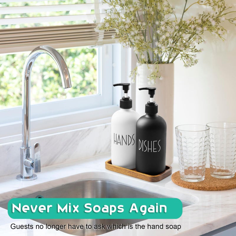 ALELION Glass Dish Soap Dispenser for Kitchen - 16 OZ Hand Soap Dispenser Set with Pump and Acacia Wood Tray - Black White Modern Farmhouse Kitchen Bathroom Decor and Accessories - Image 2