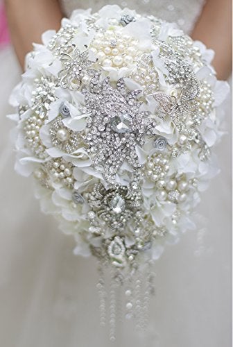 IFFO White Hydrangea Drop Brooch Bouquet Silver Wedding Bouquets Crystal Teardrop Bridal Bouquet Pearl Tassels Decor - Image 3