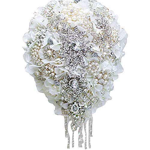 IFFO White Hydrangea Drop Brooch Bouquet Silver Wedding Bouquets Crystal Teardrop Bridal Bouquet Pearl Tassels Decor - Image 1