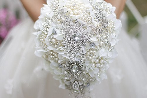 IFFO White Hydrangea Drop Brooch Bouquet Silver Wedding Bouquets Crystal Teardrop Bridal Bouquet Pearl Tassels Decor - Image 4