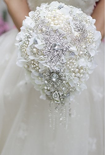 IFFO White Hydrangea Drop Brooch Bouquet Silver Wedding Bouquets Crystal Teardrop Bridal Bouquet Pearl Tassels Decor - Image 2