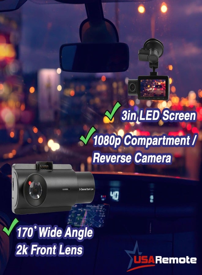 USARemote 3Channel Dash Cam WDR 1440P+1080P Front and Rear Inside 3 Inch Screen, G Sensor Motion Detection and Loop Recording, Reverse Car Camera Dashcam, GPS Suction Mount, USB Type C for Cars - Image 5