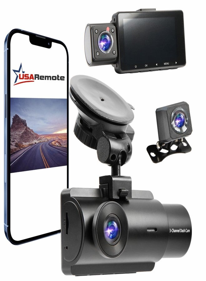 USARemote 3Channel Dash Cam WDR 1440P+1080P Front and Rear Inside 3 Inch Screen, G Sensor Motion Detection and Loop Recording, Reverse Car Camera Dashcam, GPS Suction Mount, USB Type C for Cars - Image 1