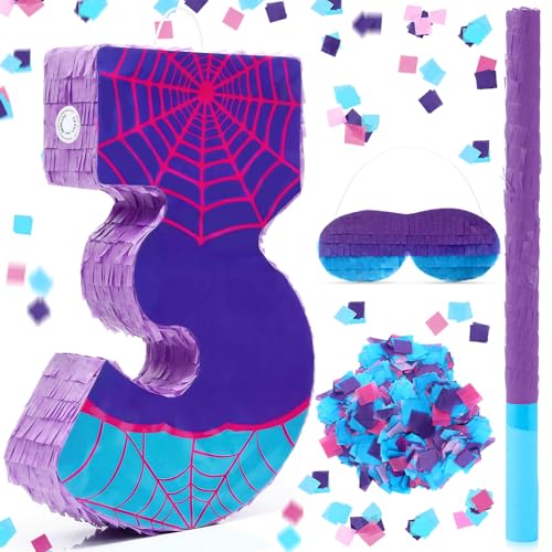 Simgoing 137 Inch Number 3 Spider Web Piata 3rd Birthday Party Decoration Hero Themed Piata with 154 Inch Stick Blindfold Confetti Number 3 4 5 Spider Party Favors Game Gifts for Kid Boy Girl Fun - Image 1