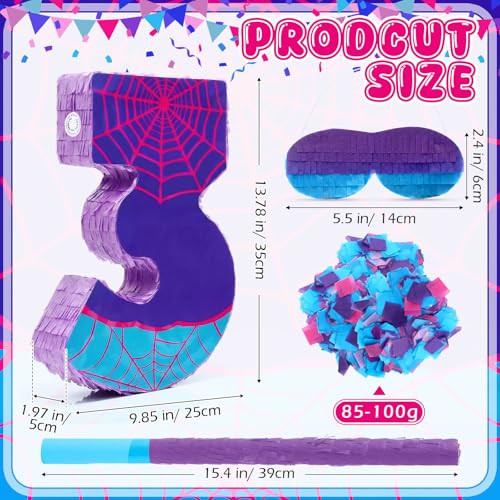 Simgoing 137 Inch Number 3 Spider Web Piata 3rd Birthday Party Decoration Hero Themed Piata with 154 Inch Stick Blindfold Confetti Number 3 4 5 Spider Party Favors Game Gifts for Kid Boy Girl Fun - Image 5