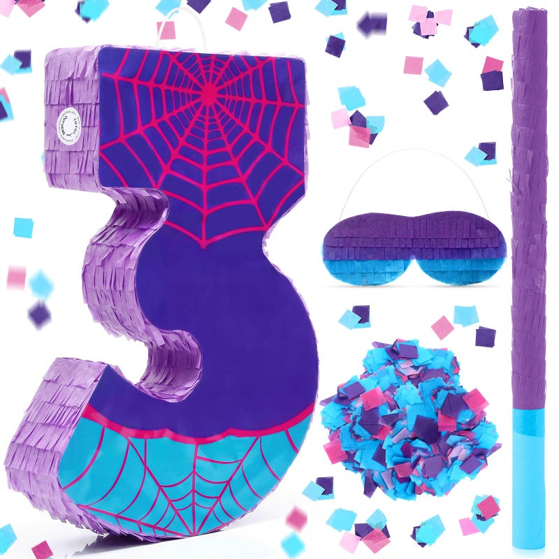 Simgoing 137 Inch Number 3 Spider Web Piata 3rd Birthday Party Decoration Hero Themed Piata with 154 Inch Stick Blindfold Confetti Number 3 4 5 Spider Party Favors Game Gifts for Kid Boy Girl Fun - Image 3