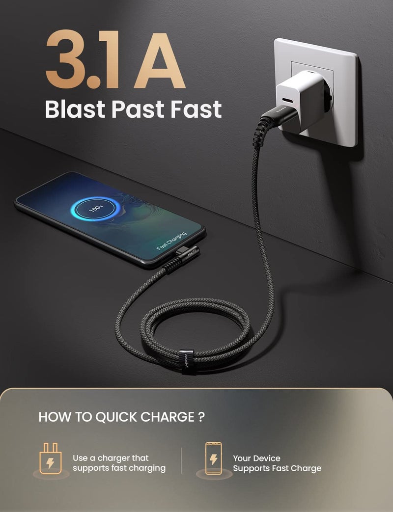 AINOPE 2-Pack Type C Charging Cable 3.1A Fast Charge, Right Angle [6.6ft+6.6ft] USB C Cable, Durable Nylon Braided Type C Charging Cable Fast Charge Compatible Galaxy S10 S9 S21, LG V30,V20,G6 - Image 5
