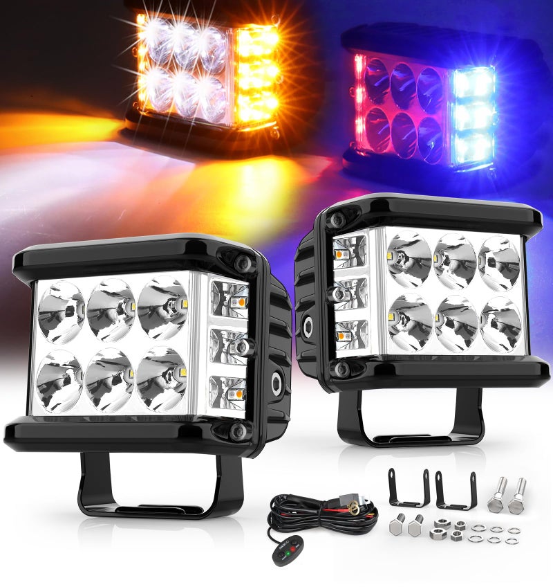 NAOEVO 4 Inch Strobe LED Light Pods Amber White Blue Red Side Shooter 6 Modes 60W Off Road Light with Memory Function Emergency Fog Driving Work Light for Truck Boat ATV SUV with Wiring Harness