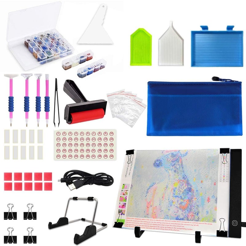 JUSONEY A4 LED Light Pad for Diamond Painting Kit 41PCS Diamond Painting Accessories  Dimmable Brightness Board with Detachable Stand Clips and USB Cable Great for Diamond Art