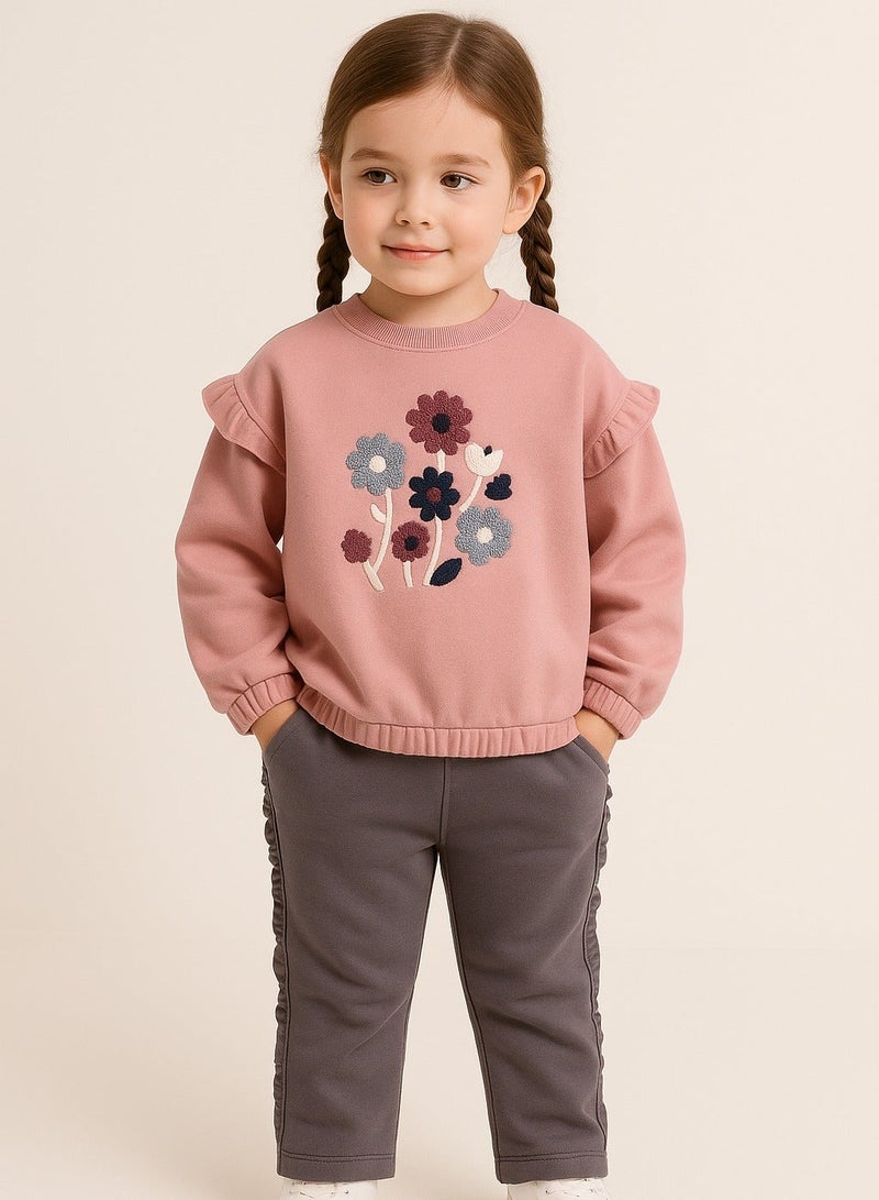 Dirkje Girls Floral Chenille Fleece Tracksuit – Dusty Rose & Grey 2-Piece Set - Image 1