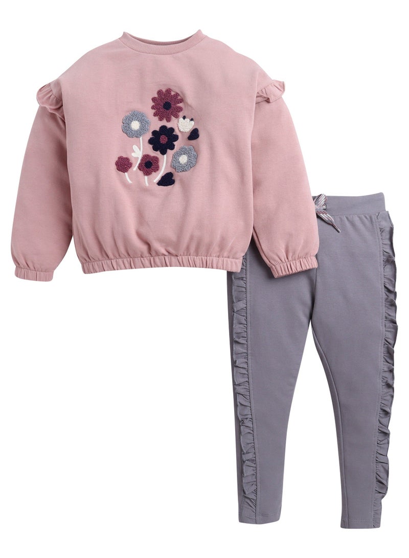 Dirkje Girls Floral Chenille Fleece Tracksuit – Dusty Rose & Grey 2-Piece Set - Image 2