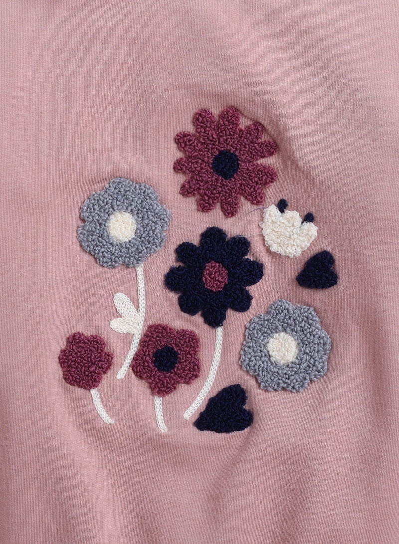 Dirkje Girls Floral Chenille Fleece Tracksuit – Dusty Rose & Grey 2-Piece Set - Image 5